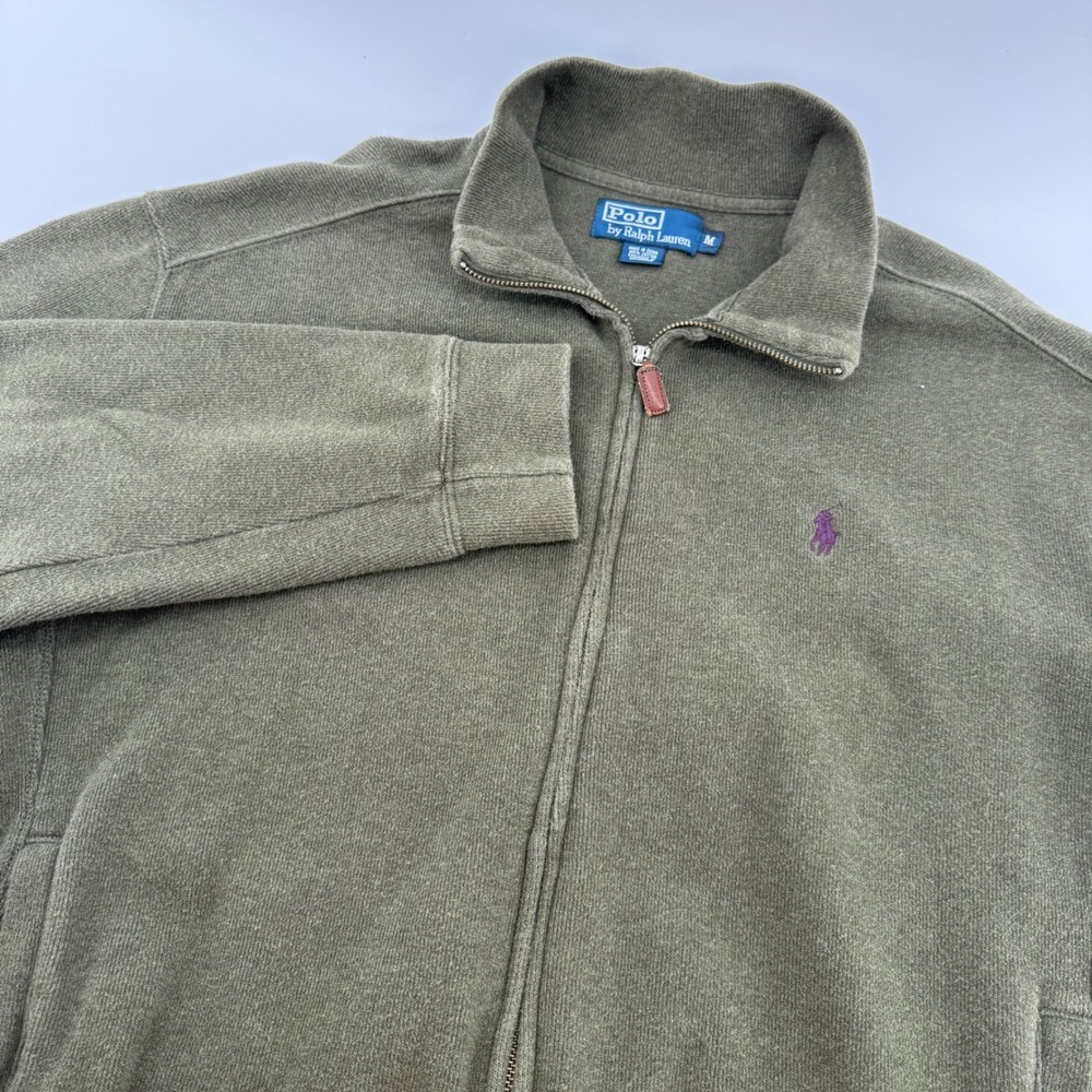 Polo Ralph Lauren Mens Olive Green Full Zip Cotton Knit Sweater Mock Neck Sz M